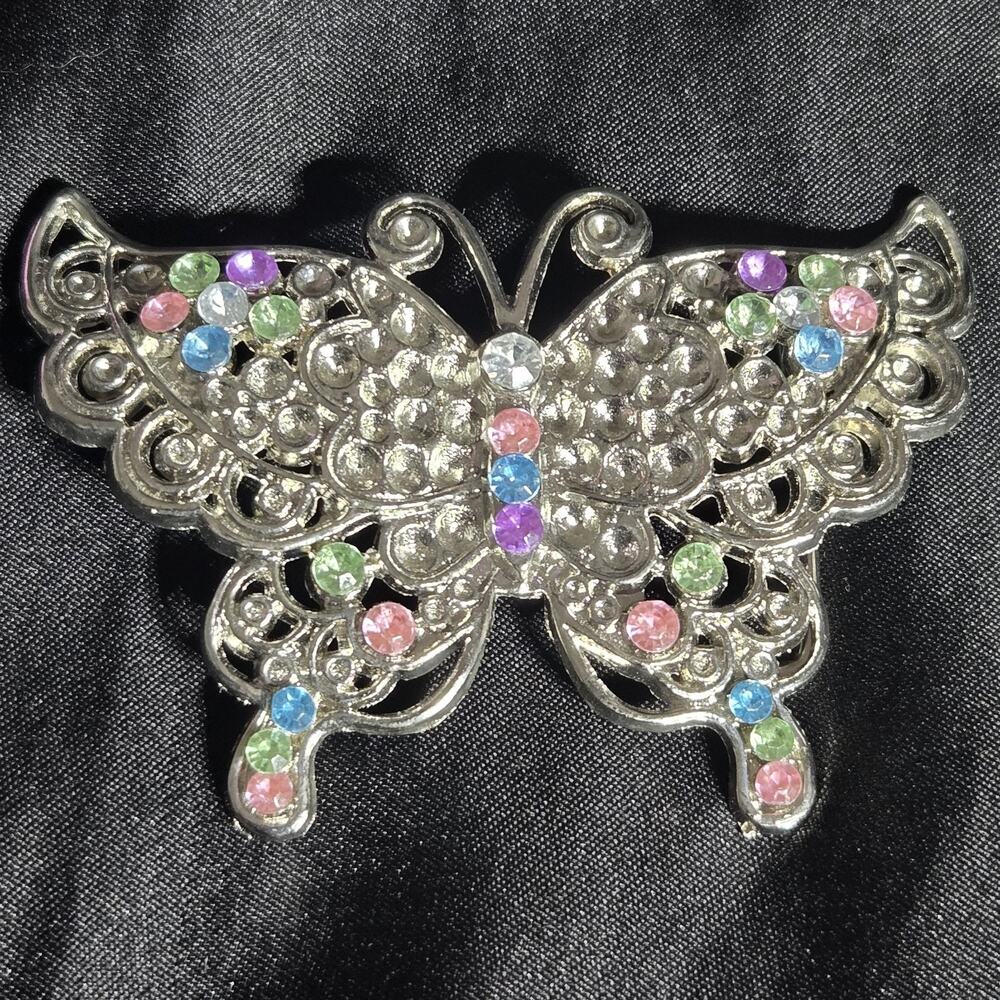 Vintage Butterfly Belt Buckle‎ Silver Tone Blue Pink Green Pastel Rhinestones